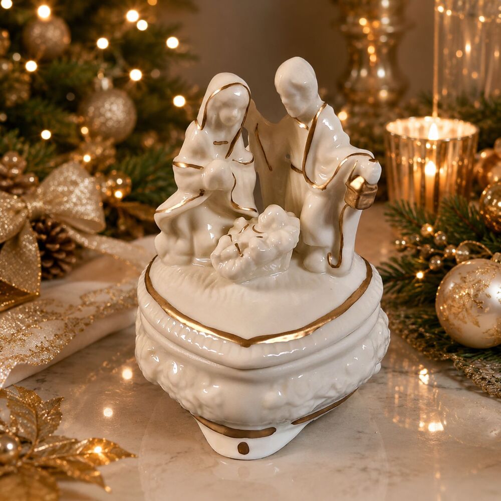 Christmas Nativity Holy Family Trinket Box Porcelain Handpainted Gold Accent EUC